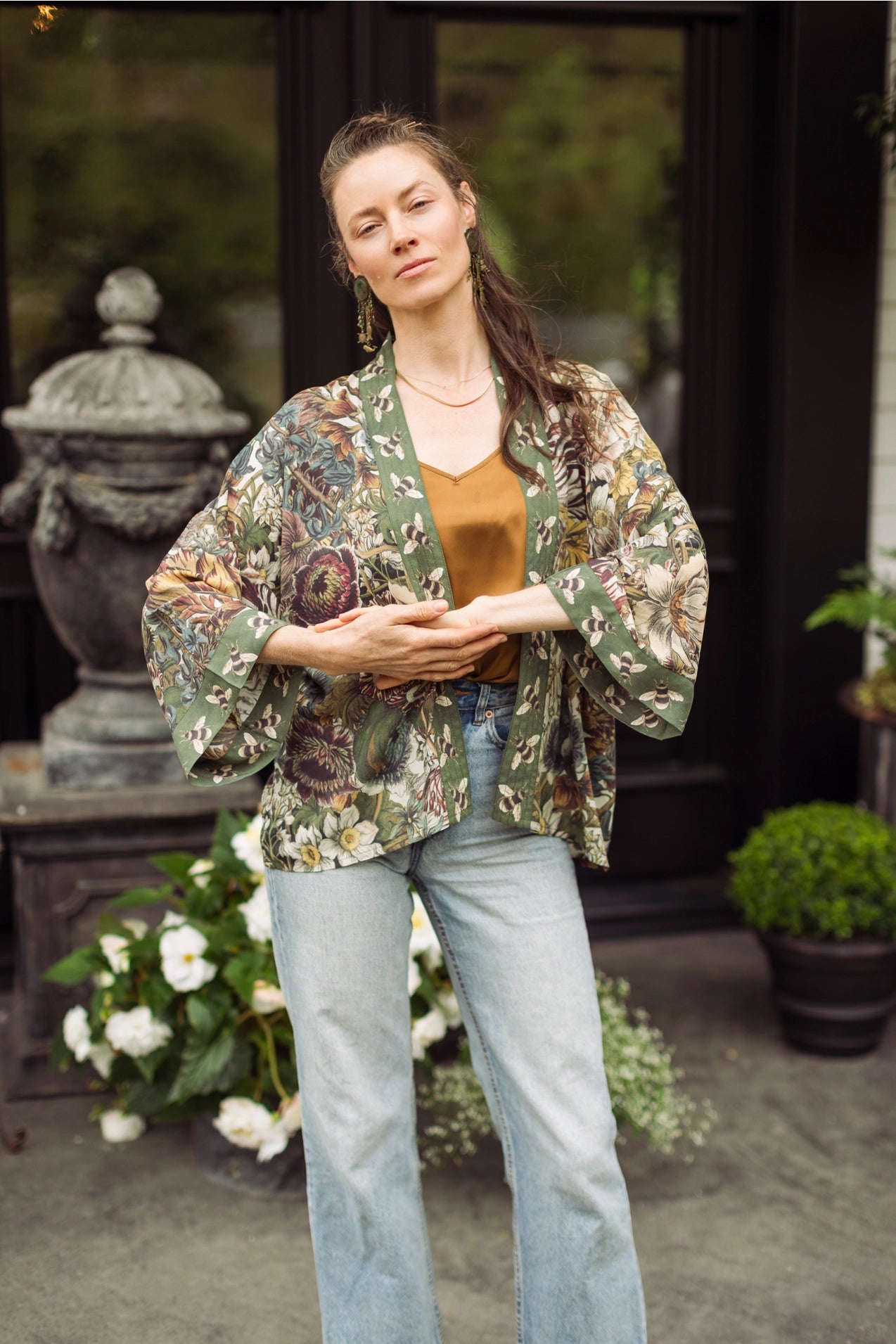 Market Of Stars Love Grows Wild Floral Bamboo Cropped Kimono with Bees