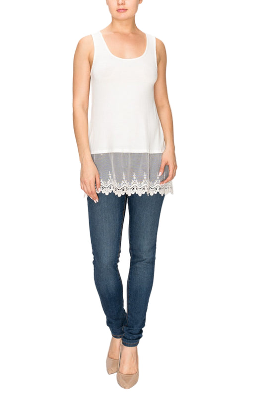 Soft Relaxed Tank with Delicate Floral Laced Hem - Ships Late September