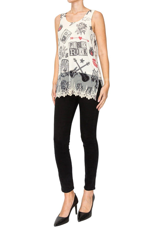 Punk Rock Soft Relaxed Tank with Delicate Floral Laced Hem - Ships Late September