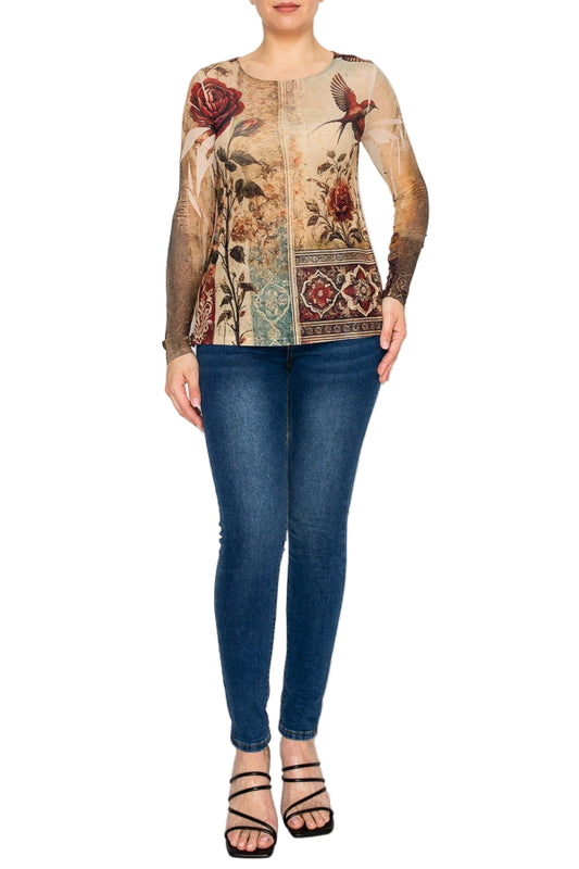 Vintage Bird Sheer Floral Lace Mesh Long Sleeve Top - Ships Late September