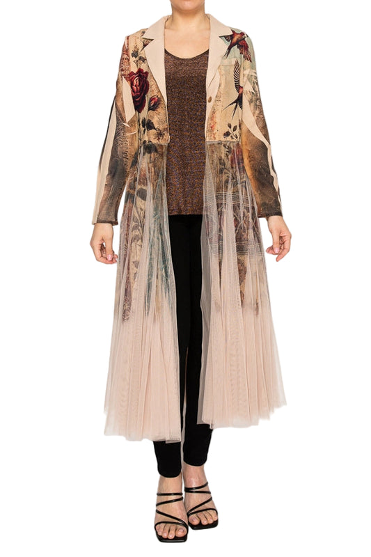 Vintage Bird Chic Contrast Longline Blazer Jacket with Mesh Tulle Panel - Ships Late September