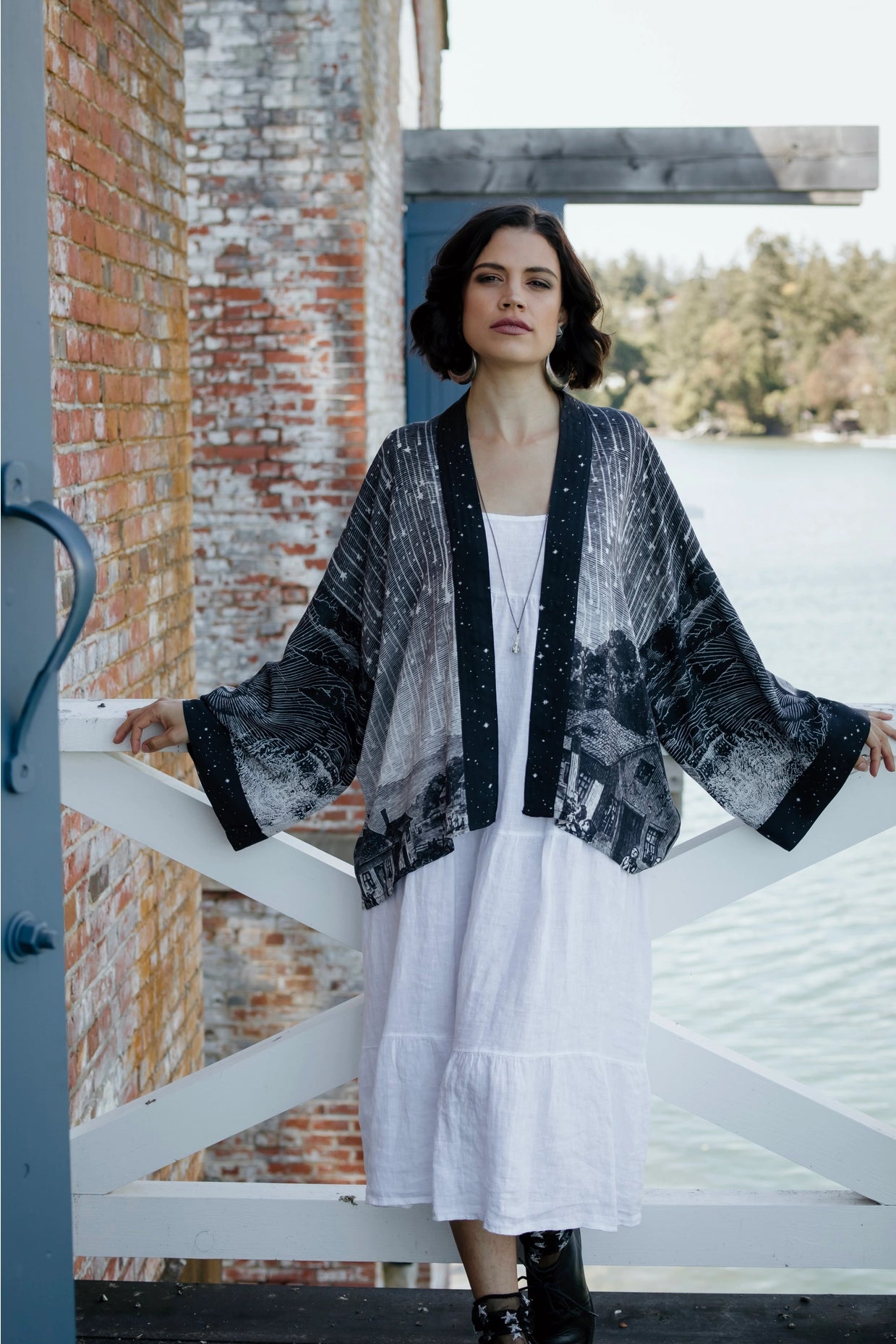 Market Of Stars Stargazer Cropped Bamboo Kimono Cardigan with Falling Stars