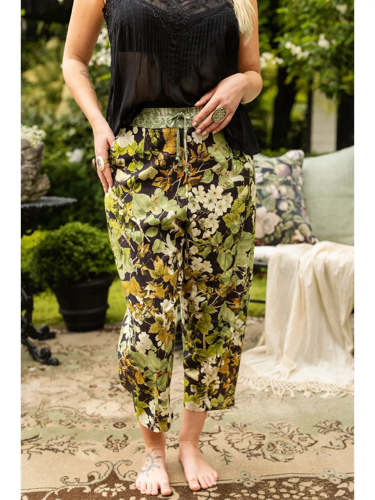 Model showing the pockets and cropped lantern hems of the Equinox Artist Pants | Bliss by Cori