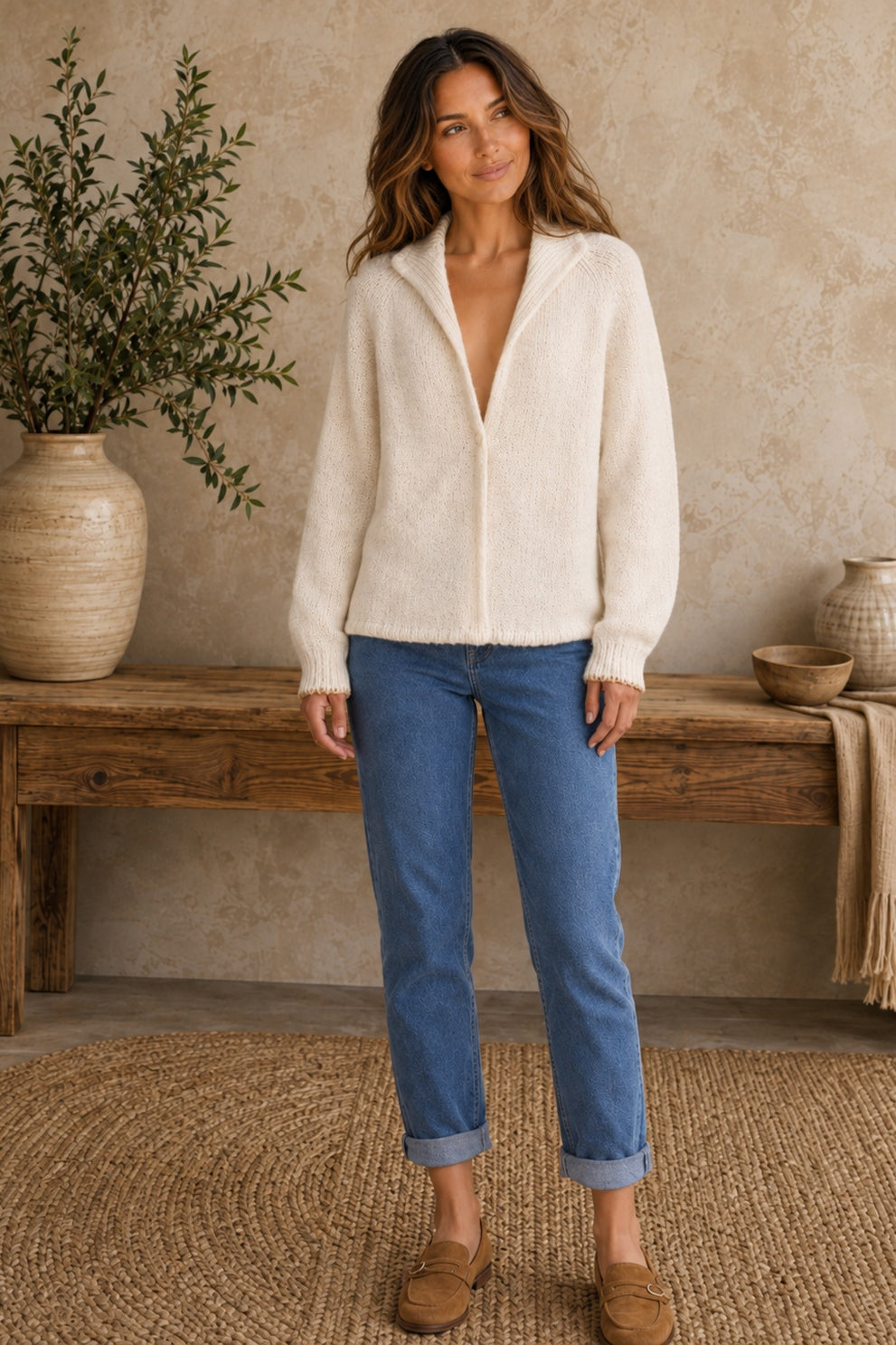 Cream open-collar cardigan sweater for women, lightweight boho knit layering piece styled with denim — Bliss by Cori
