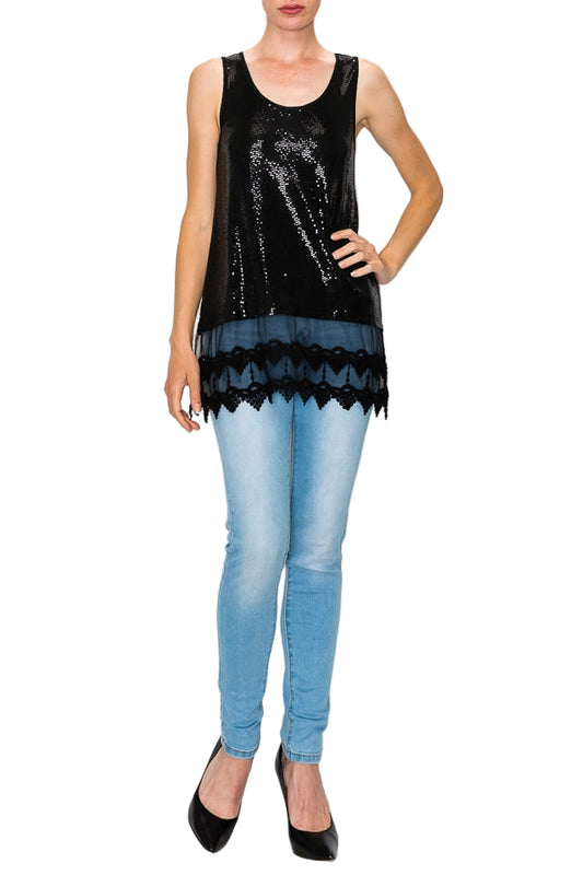 Sparkly Black Sequins Tank Top with Lace Layer - Ships Late September