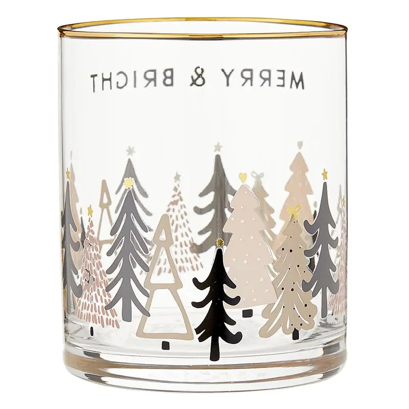 Back view of Merry & Bright holiday rocks glass with gold rim and neutral-toned Christmas tree forest design – Bliss by Cori
