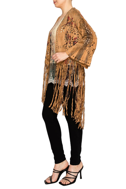 Vintage Bird Western-Inspired Laser-Cut Buttery Faux Suede with Fringe Trim - Ships Late September