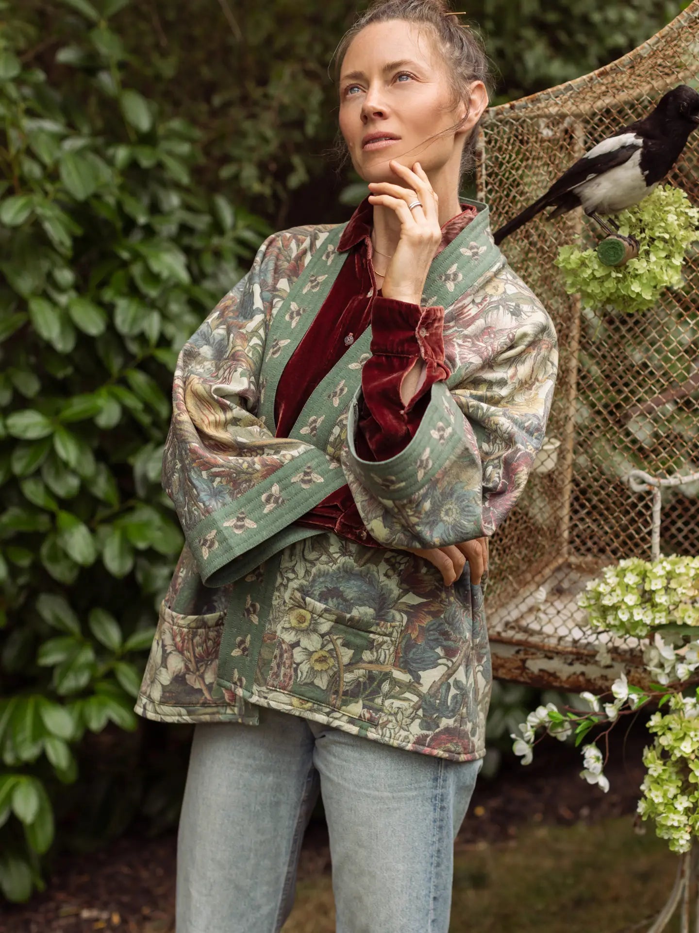 Love Grows Wild Cottage Jacket flat lay showing full 1700s botanical print detail | Bliss by Cori