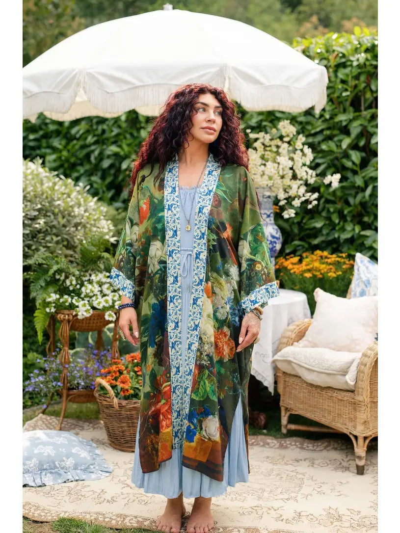 Full-length view of Flora Poetica duster with flowers, birds, vines, and butterfly | Bliss by Cori