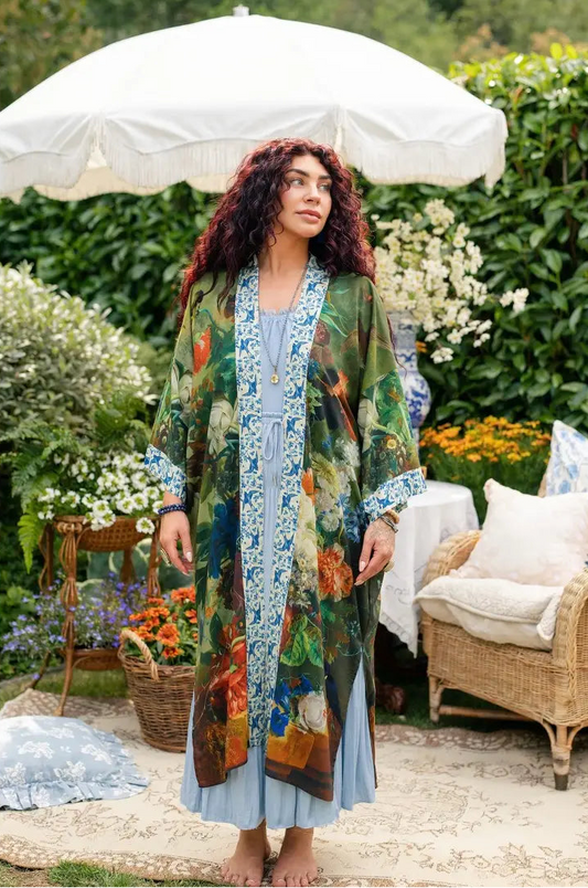 Full-length view of Flora Poetica duster with flowers, birds, vines, and butterfly | Bliss by Cori