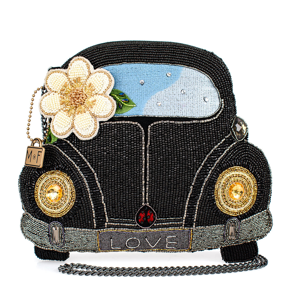 Mary Frances - On the Road Black Car White Flower Beaded Crossbody Handbag