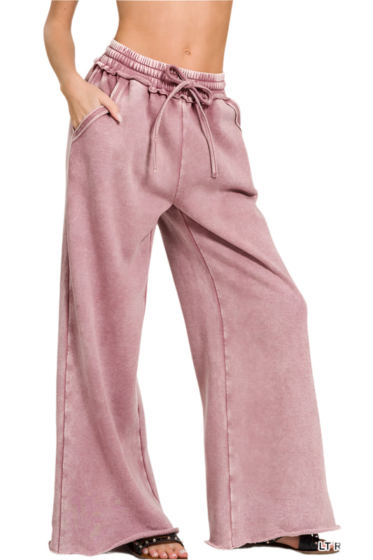 Acid Mineral Washed Fleece Palazzo Pants with Pockets