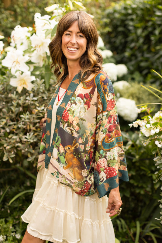 Stay Gold Floral Bamboo Kimono Duster Robe w/ Rabbit & Bees Pre-Order - Ships March 2025