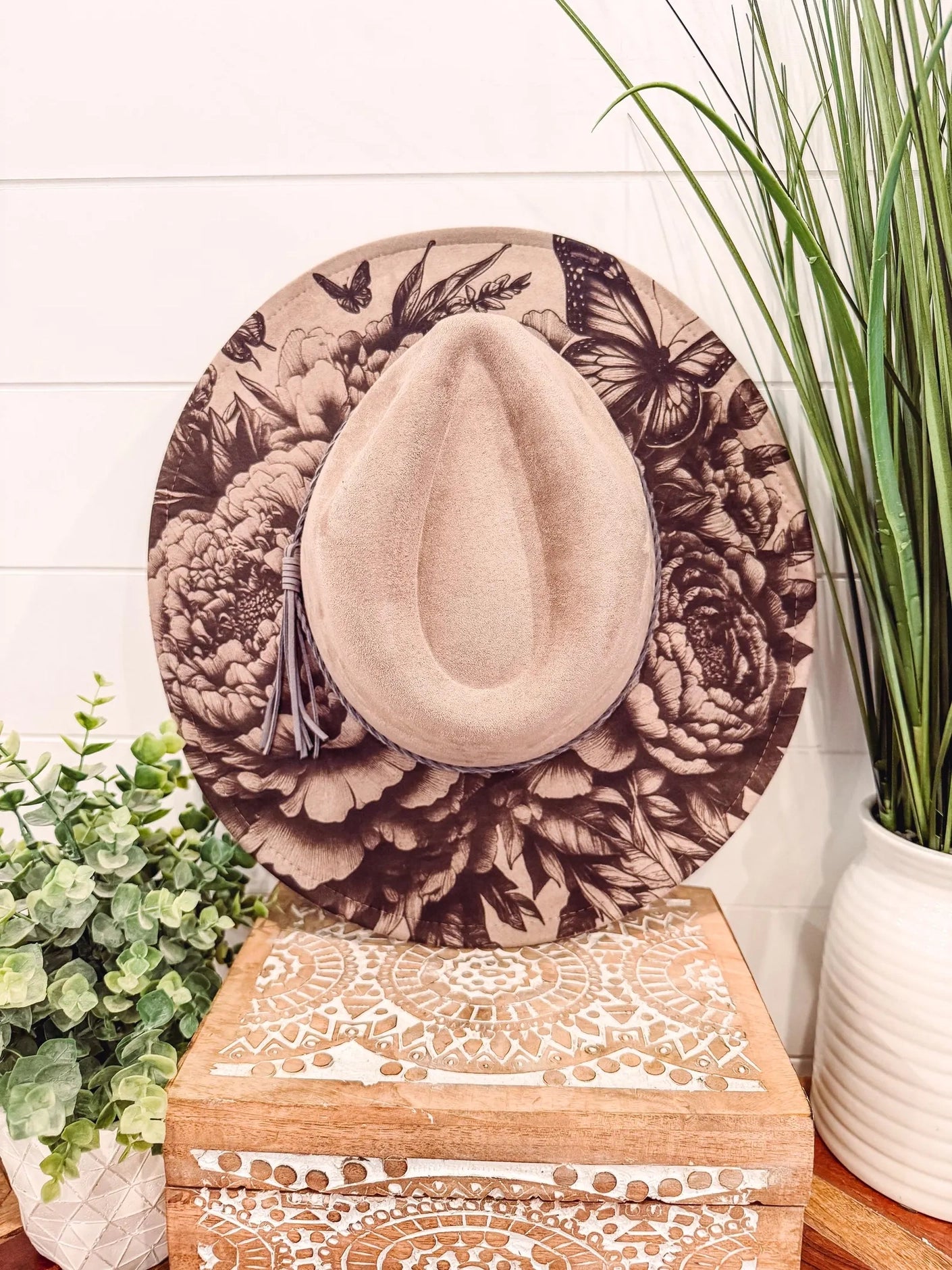 Peony Butterfly Engraved Hat, Floral Engraved Cowboy Hat, Burned Fedora, Engraved Suede Hat, Boho Hat, Vegan Suede Cowboy Hat