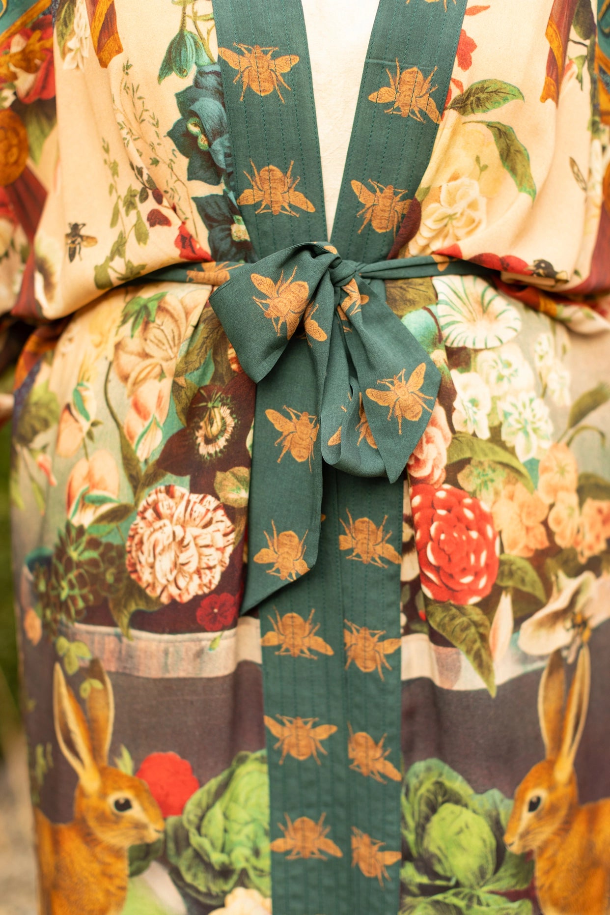 Stay Gold Opera Duster Kimono Robe w/ Rabbits Flowers & Bees