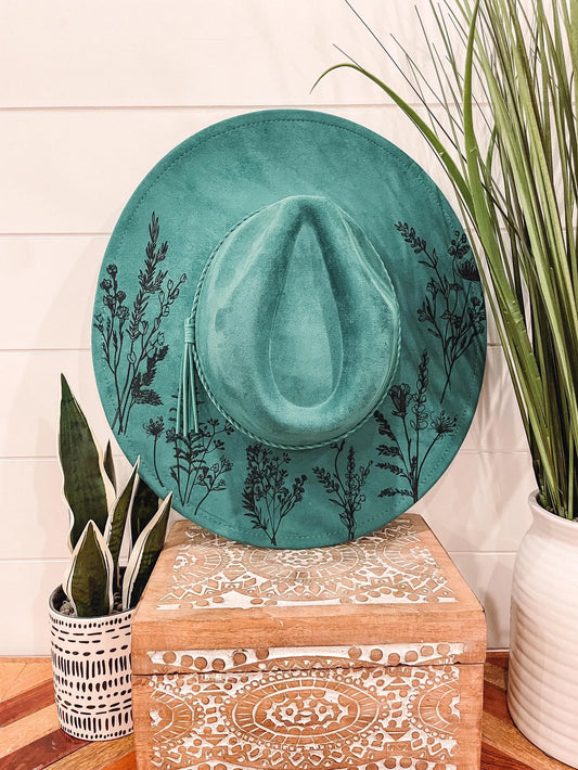 Personalized Floral Burned Hat, Floral Engraved Cowboy Hat, Sunflower Hat, Sunflower Burned Fedora, Engraved Suede Hat, Boho Hat, Vegan Suede (Copy)