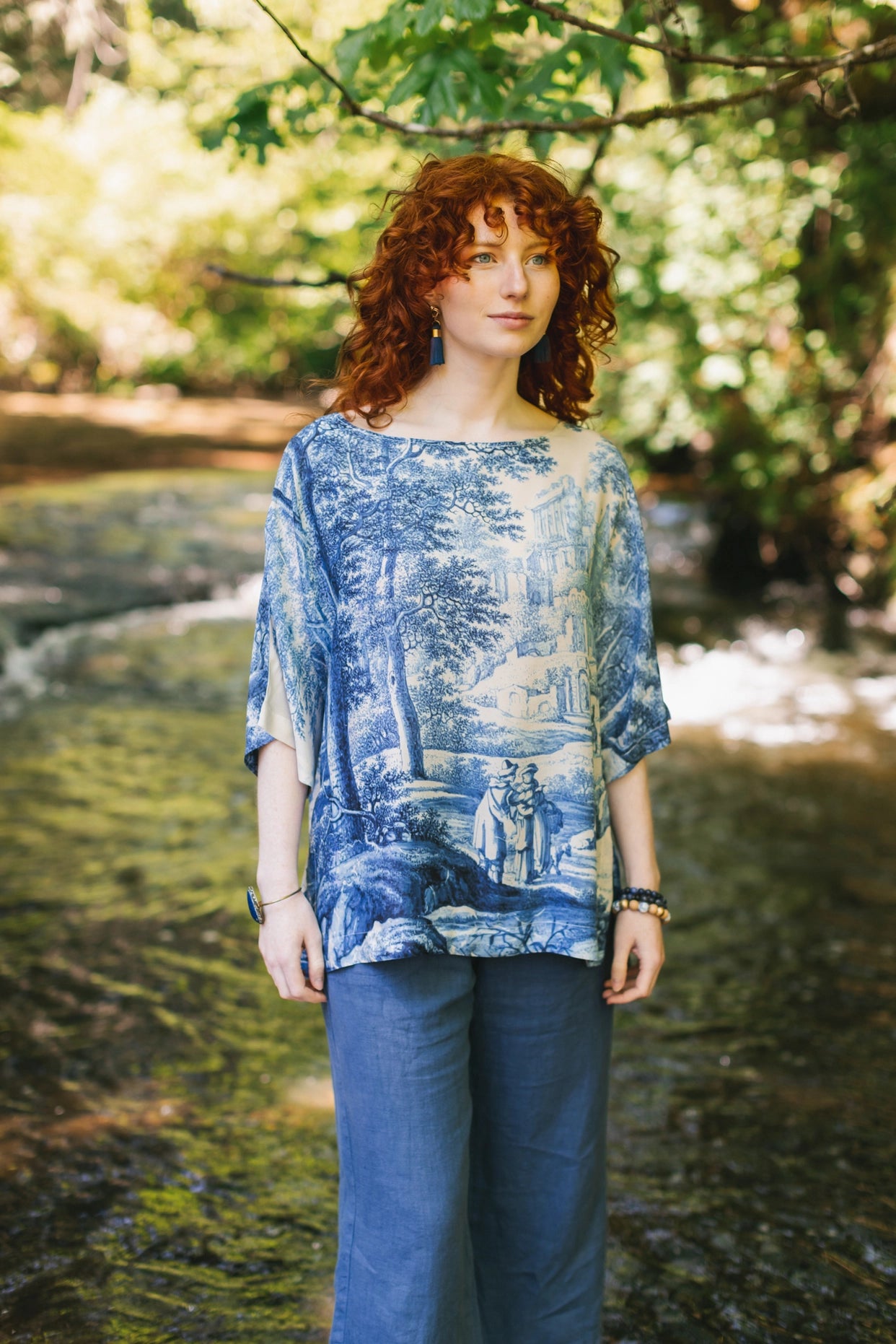 Let the Light in Luxe Tee Tunic Shirt With Blue Delft Toile