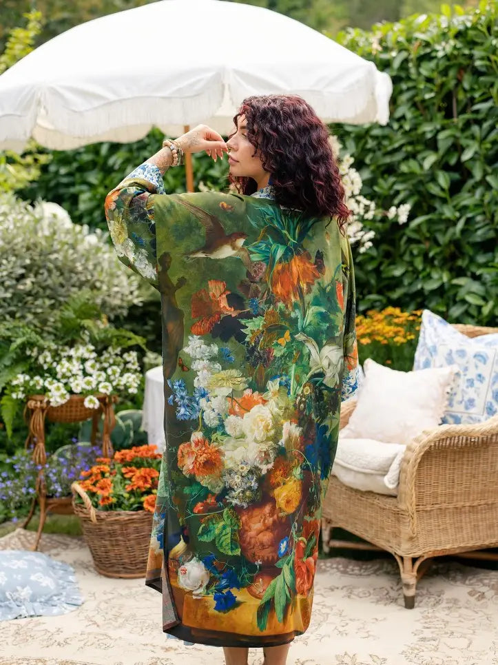 Back view of the flowing Flora Poetica floral and bird print opera duster | Bliss by Cori