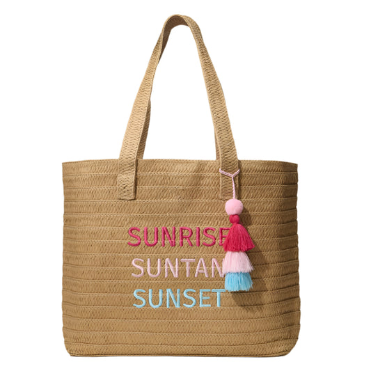 Raffia Sunrise Suntan Sunset Message Embroidered Summer Tote