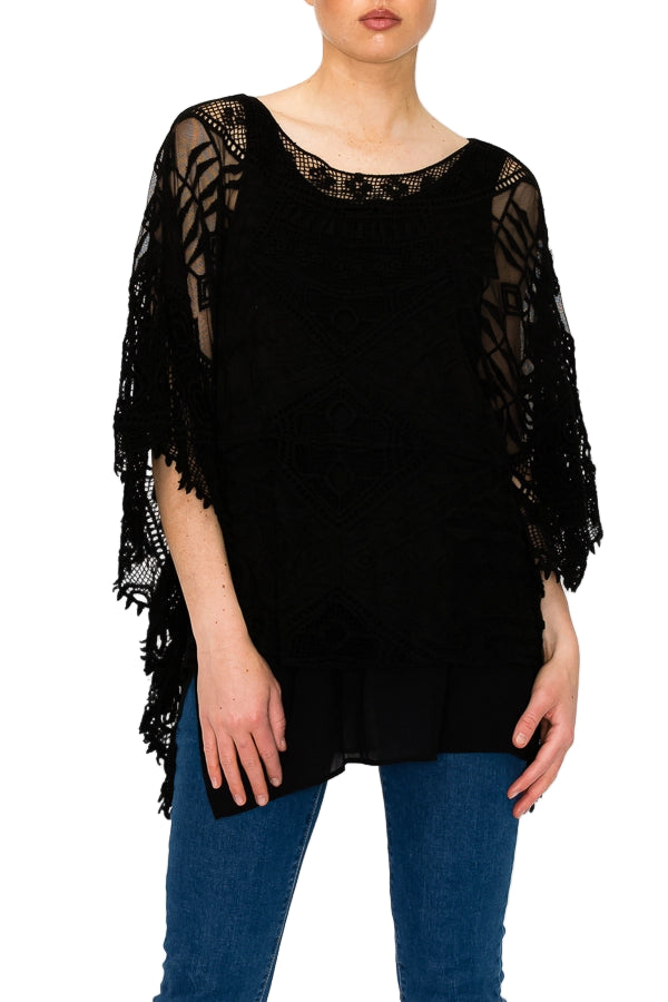 Black Crochet Poncho Top with Geometric Embroidered Details - Ships Late September