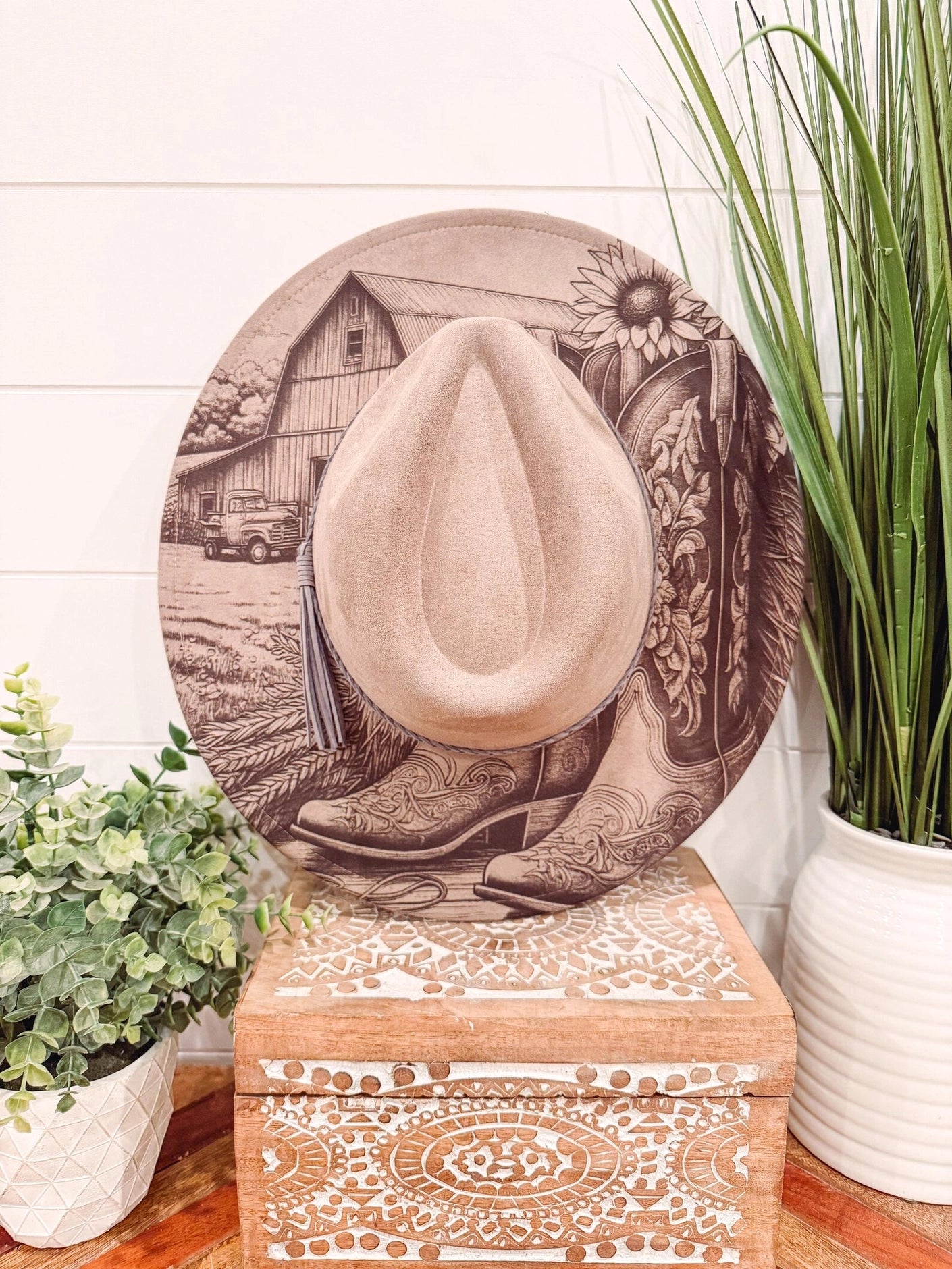 Boots & Barn Engraved Cowboy Hat, Floral Engraved Cowboy Hat, Burned Fedora, Engraved Suede Hat, Boho Hat, Vegan Suede Cowboy Hat, Women's Cowboy Hat