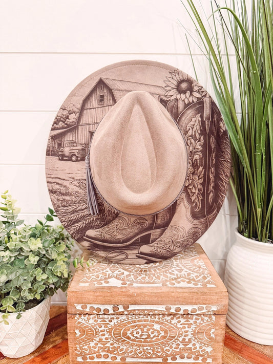 Boots & Barn Engraved Cowboy Hat, Floral Engraved Cowboy Hat, Burned Fedora, Engraved Suede Hat, Boho Hat, Vegan Suede Cowboy Hat, Women's Cowboy Hat