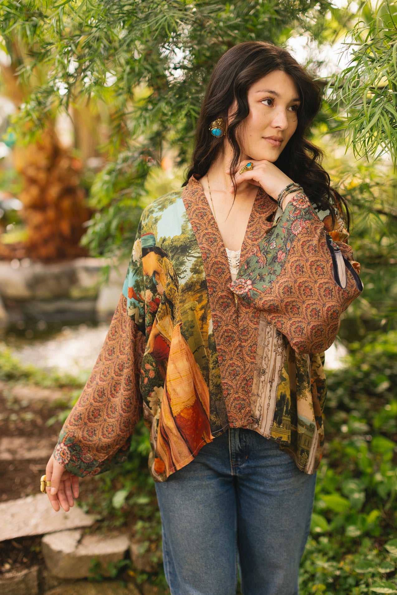 Market Of Stars Secret Garden Cropped Bamboo Kimono Cardigan with Swan