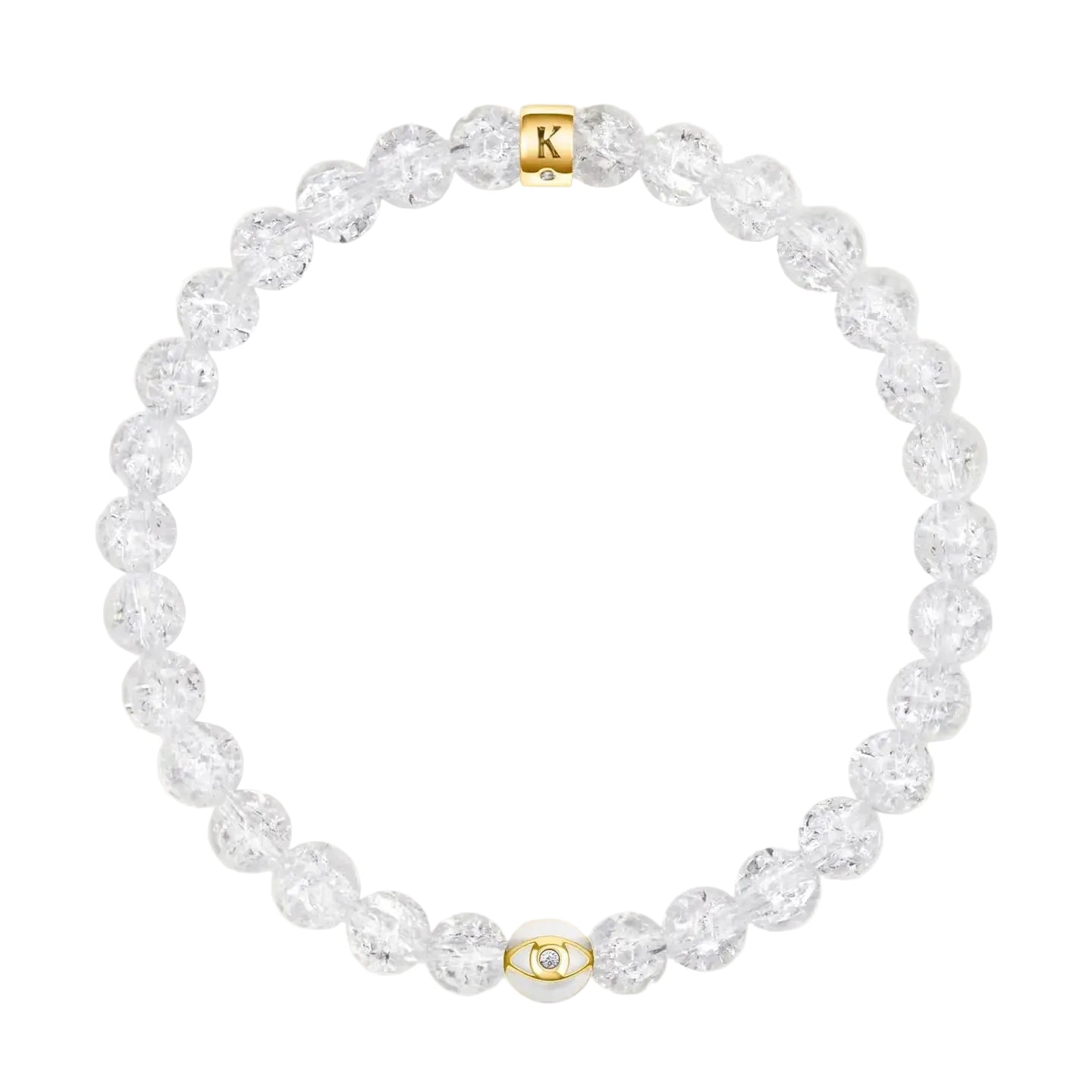 Karma and Luck Utmost Clarity Crystal Quartz April Birthstone Evil Eye Bracelet — crackled clear quartz beads with white enamel evil eye charm and Karma and Luck gold signature clasp | Bliss by Cori