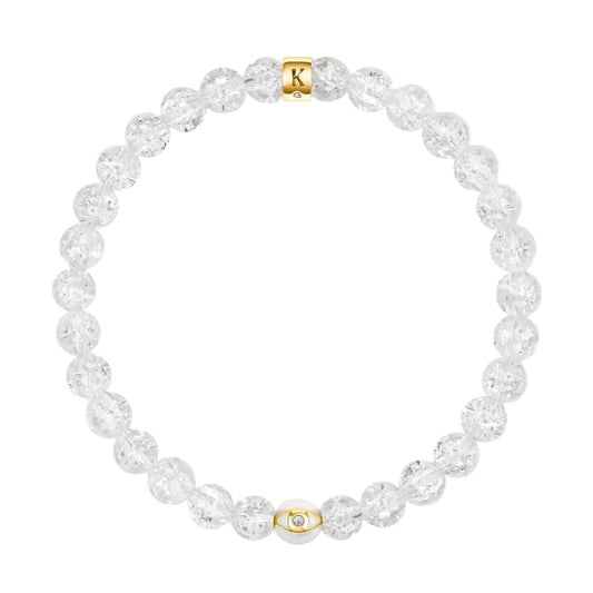 Karma and Luck Utmost Clarity Crystal Quartz April Birthstone Evil Eye Bracelet — crackled clear quartz beads with white enamel evil eye charm and Karma and Luck gold signature clasp | Bliss by Cori