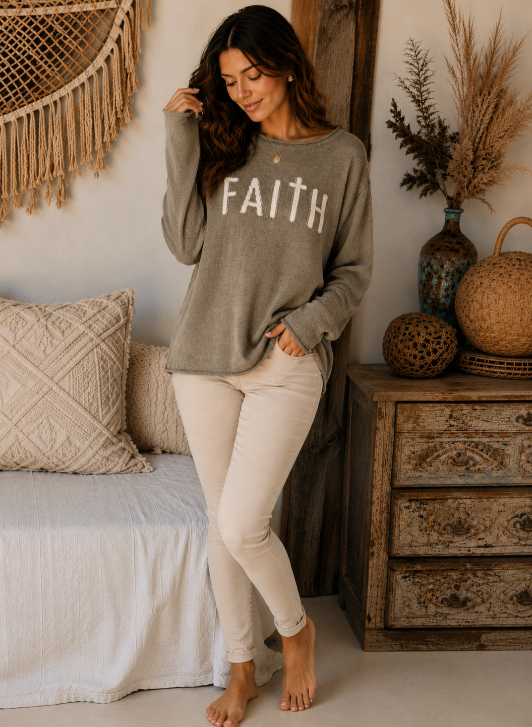 Round Neck Long Sleeve "Faith" Lightweight Sweater