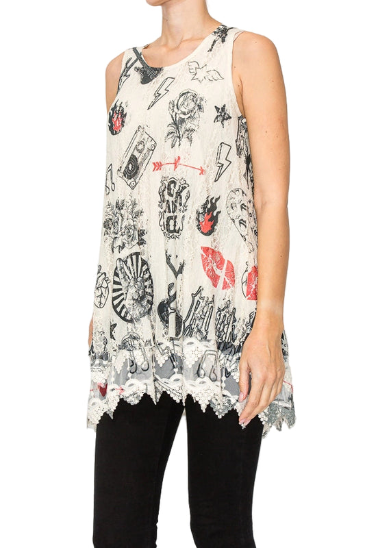 Rock And Roll Soft Relaxed Tank with Delicate Floral Laced Hem - Ships Late September