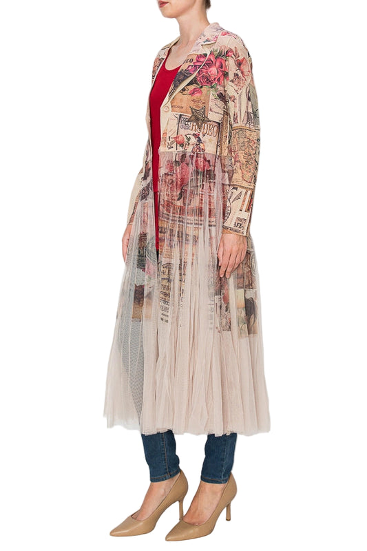Rose West Chic Contrast Longline Blazer Jacket with Mesh Tulle Panel - Ships Late September
