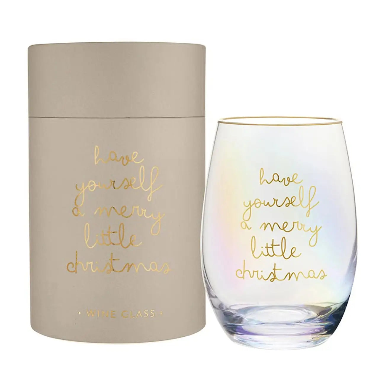 Have Yourself a Merry Little Christmas iridescent stemless wine glass with gold rim beside matching taupe tube gift packaging with gold foil script – Bliss by Cori
