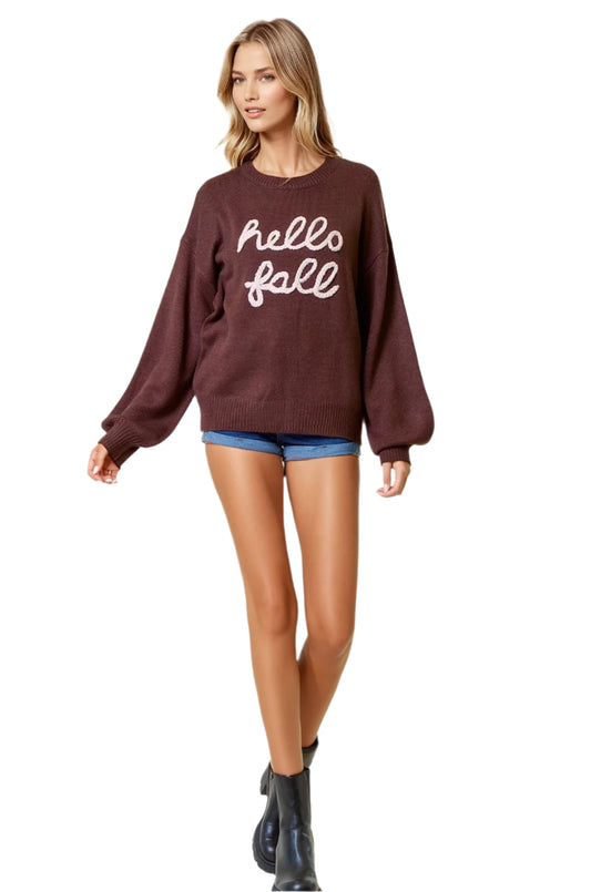 Hello Fall Letter Embroidered Sweater