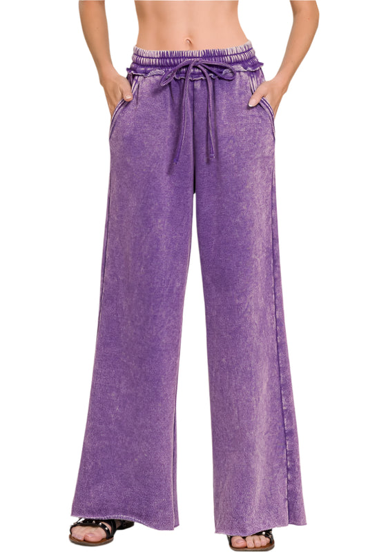 Acid Mineral Washed Fleece Palazzo Pants with Pockets