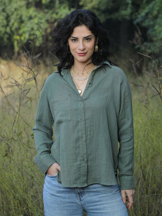 Olive Cotton Gauze Blouse with Heart Embroidery