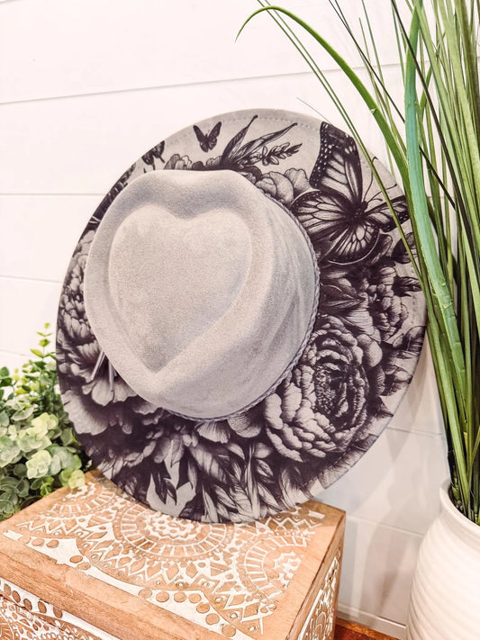 Engraved Peony Butterfly Engraved Heart Hat, Floral Engraved Cowboy Hat, Burned Fedora, Engraved Suede Hat, Boho Hat, Vegan Suede