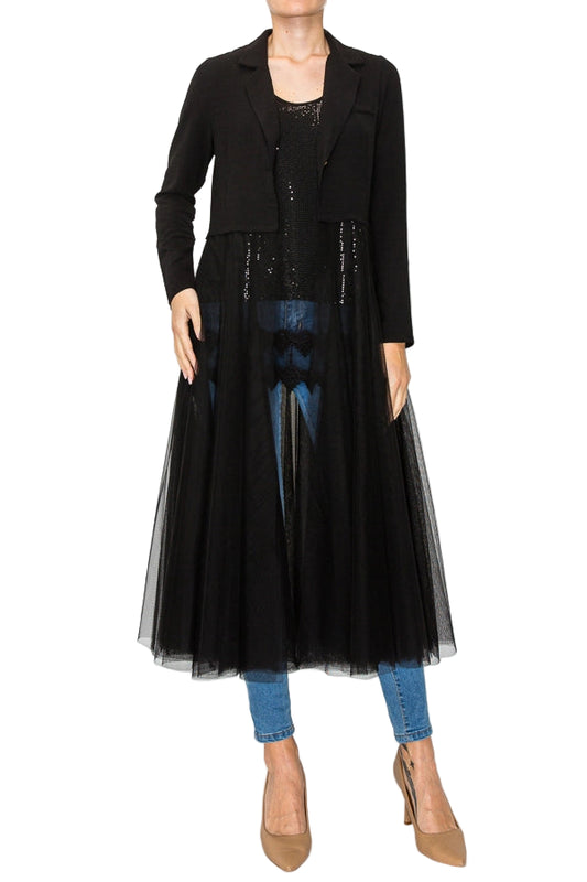 Black Contrast Longline Blazer Jacket with Mesh Tulle Panel - Ships Late September