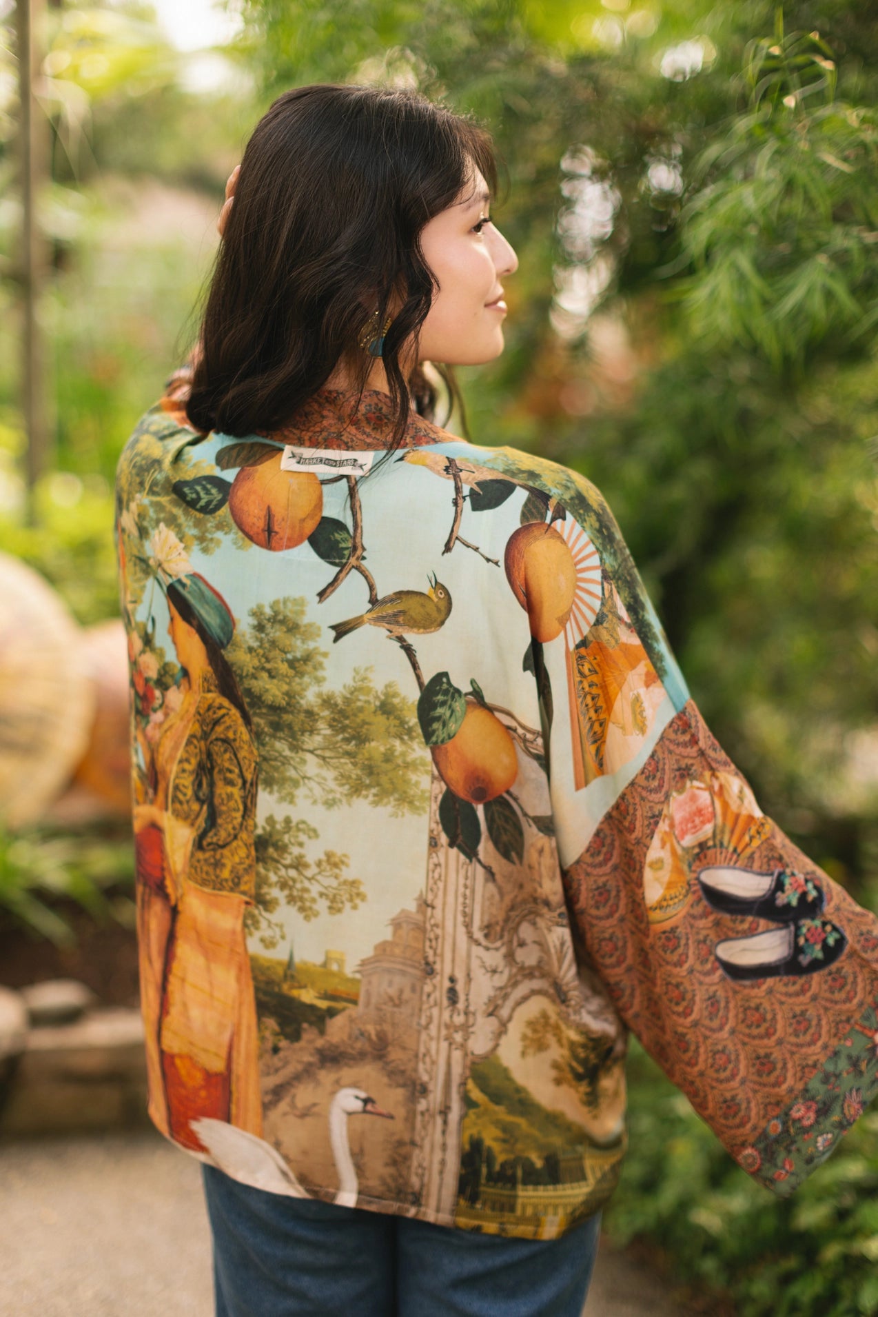 Market Of Stars Secret Garden Cropped Bamboo Kimono Cardigan with Swan