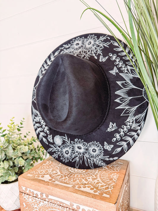 Wild Floral Burned Hat, Floral Engraved Cowboy Hat, Sunflower Hat, Sunflower Burned Fedora, Engraved Suede Hat, Boho Hat, Vegan Suede