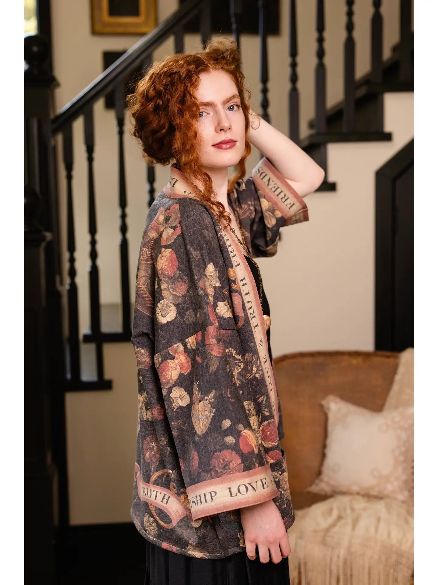 Heart of Gold Cottage Jacket showing antique floral collage print with swallows | Bliss by Cori