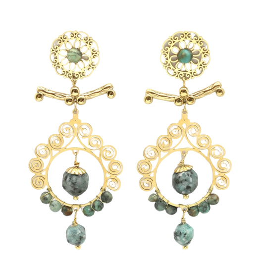 African Turquoise Gold Dangle Earrings