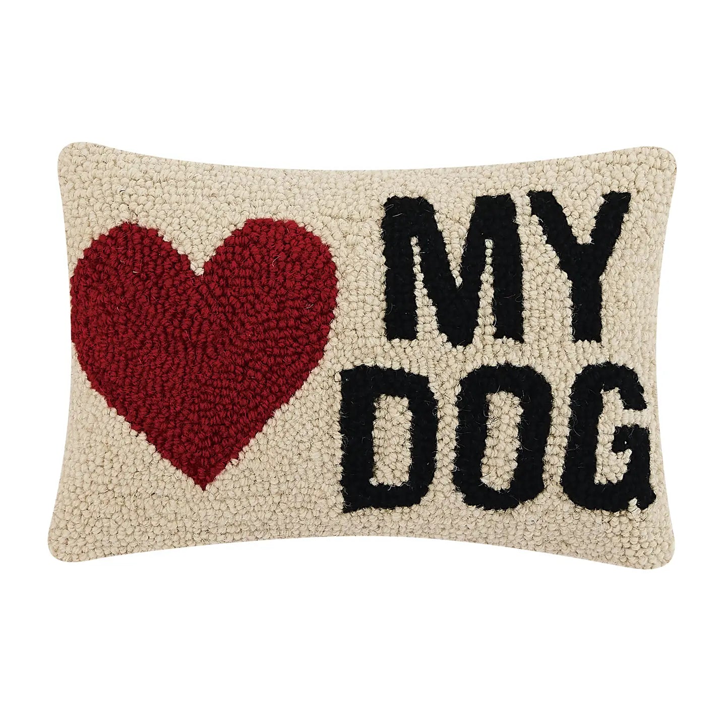 Hand-hooked wool throw pillow with red heart and My Dog lettering | Bliss by Cori