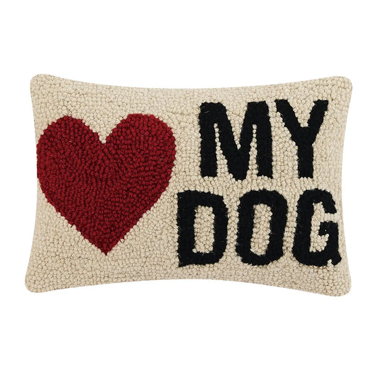Hand-hooked wool throw pillow with red heart and My Dog lettering | Bliss by Cori