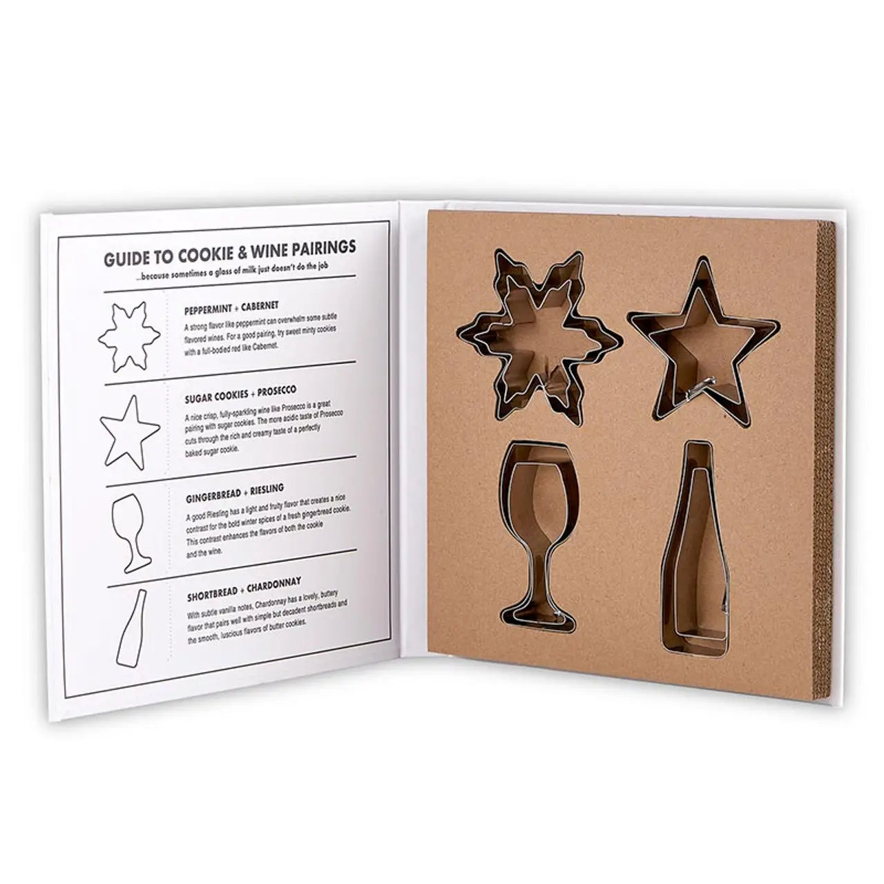 Cookies and Wine cookie cutter book box open showing Guide to Cookie and Wine Pairings card and four stainless steel cutters shaped as snowflake star wine glass and wine bottle – Bliss by Cori
