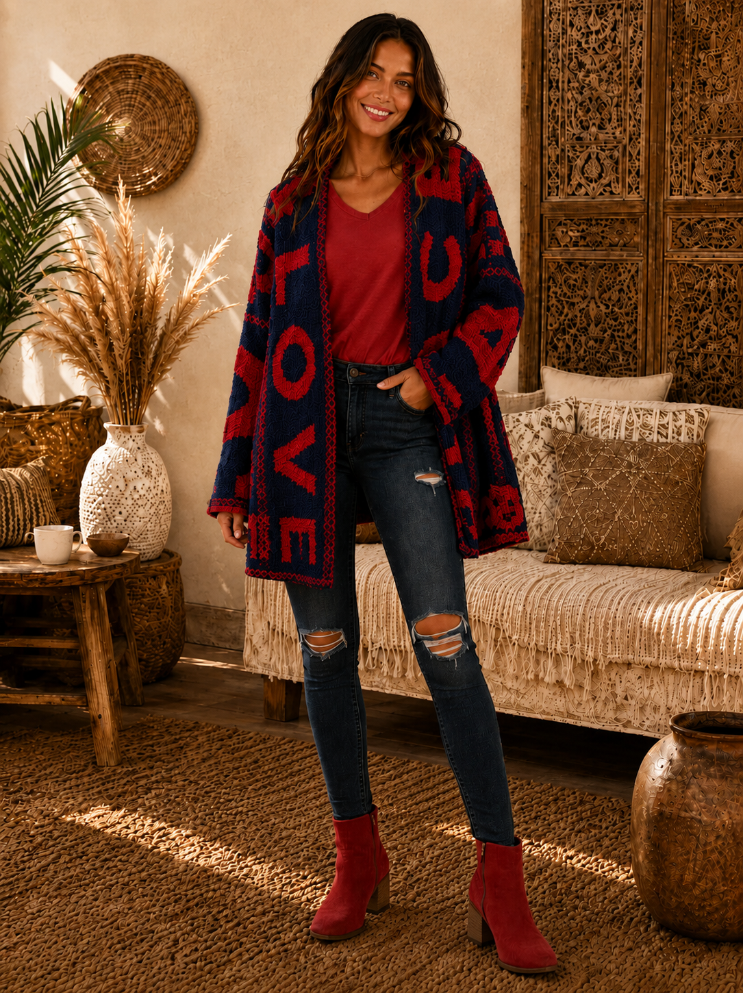 Peace & Love Colorblock Letter Print Cardigan