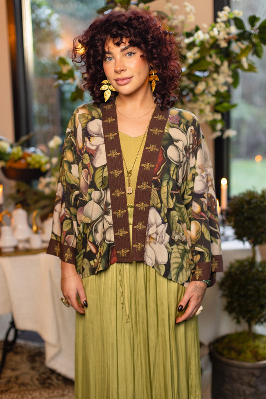 Fleur De Lune Pixie Duster Crop Kimono w/ Florals & Bees Pre-Order - Ships In September