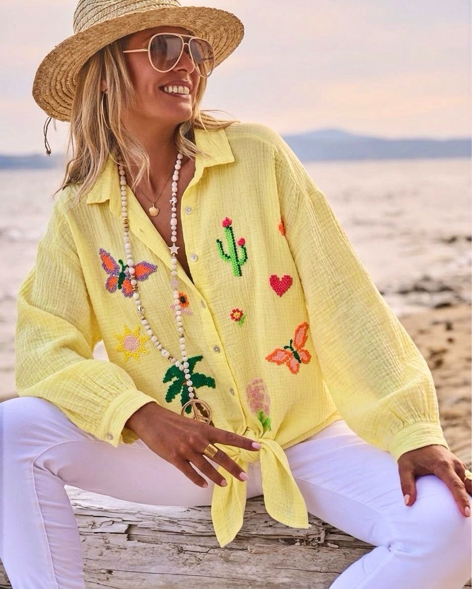 Yellow Tropical Oversized Gauze Cotton Shirt