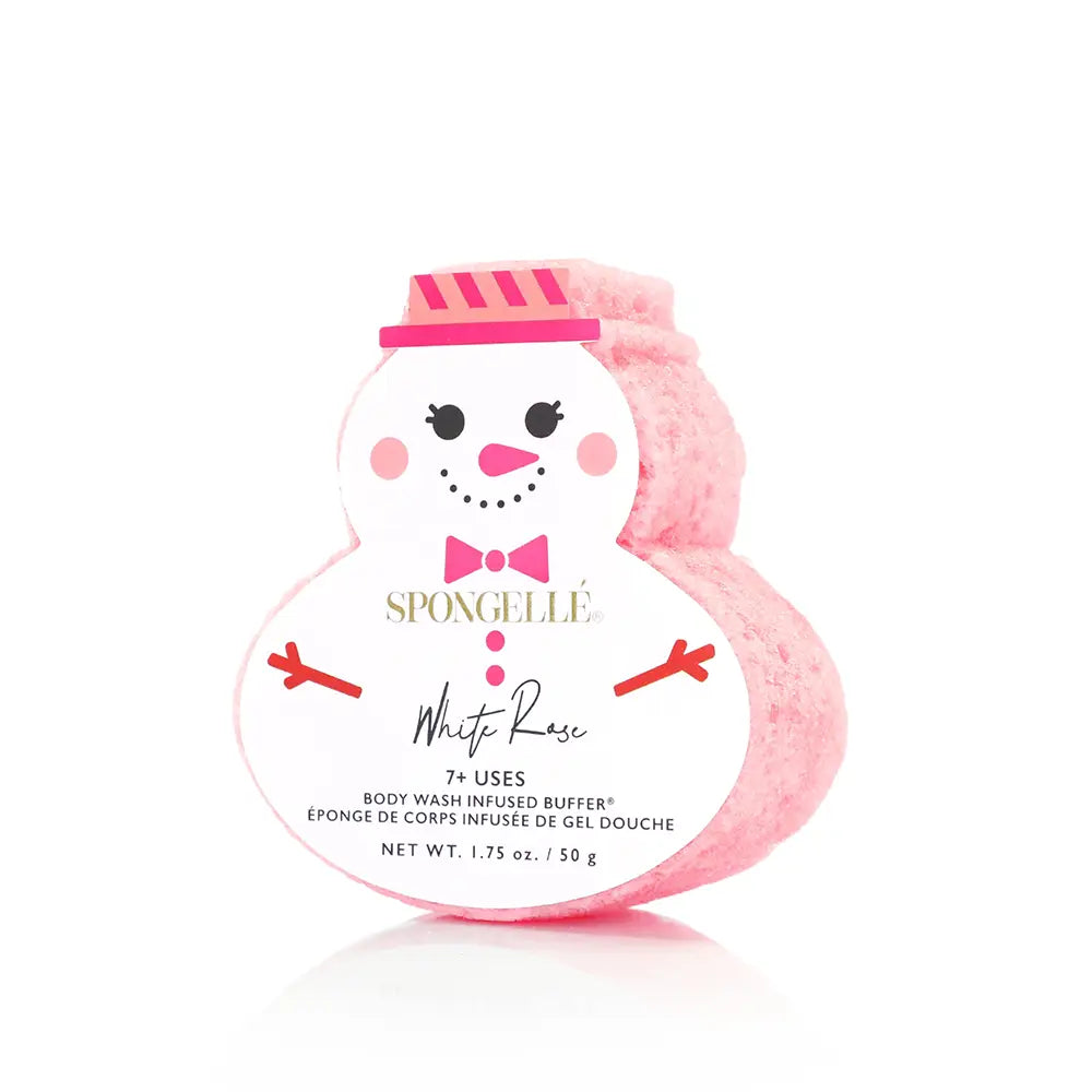 Spongellé White Rose snowman-shaped body buffer on white background showing pink sponge detail — Bliss by Cori Boutique