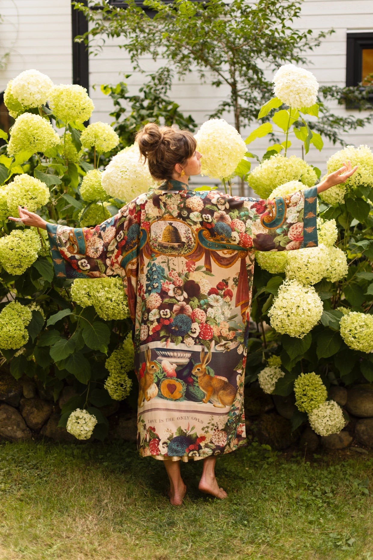 Stay Gold Opera Duster Kimono Robe w/ Rabbits Flowers & Bees